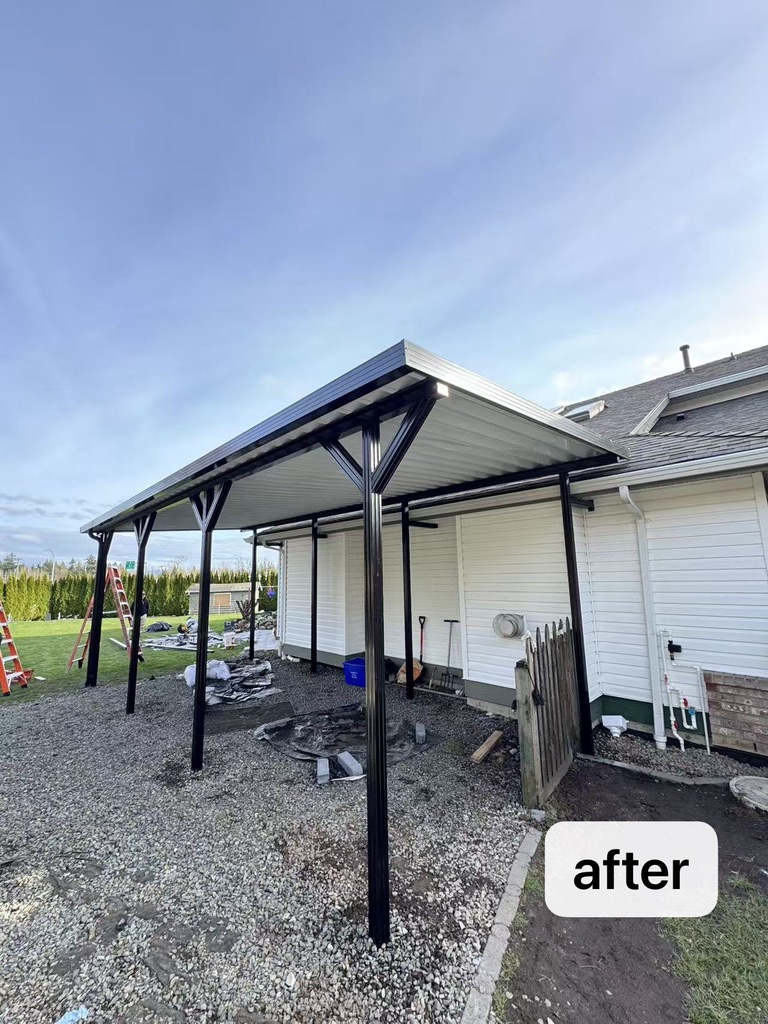 Delta aluminum patio cover after installation on a compact side-yard patio